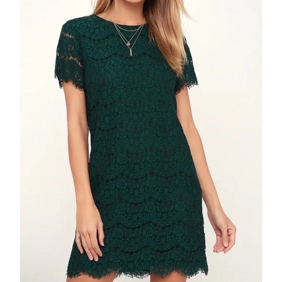 Lulus Take Me to Brunch Dark Green Lace Shift Dress Size Small - Picture 2 of 12